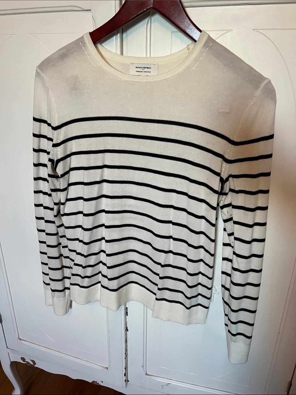 2/$7 Banana Republic Off white and Black Striped Crewneck Forever Sweater